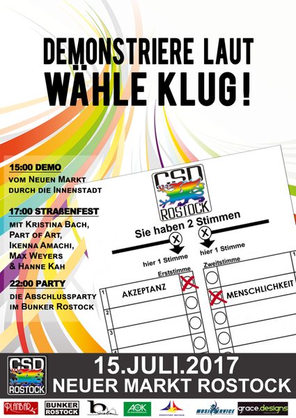 Party Flyer: 15. CSD Rostock - Demonstriere laut, whle klug! am 15.07.2017 in Rostock